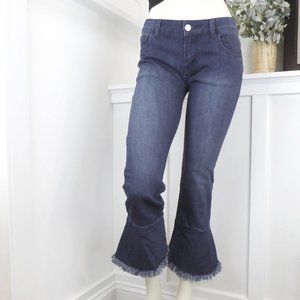 Crop Denim Jeans Dark Wash Bell Flare Bottom Raw